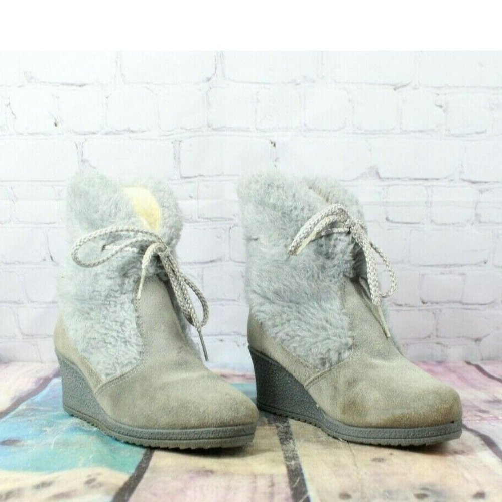 Vintage Snowland Gray Suede Faux Fur Lined Boho Winter Wedge Boots US 6